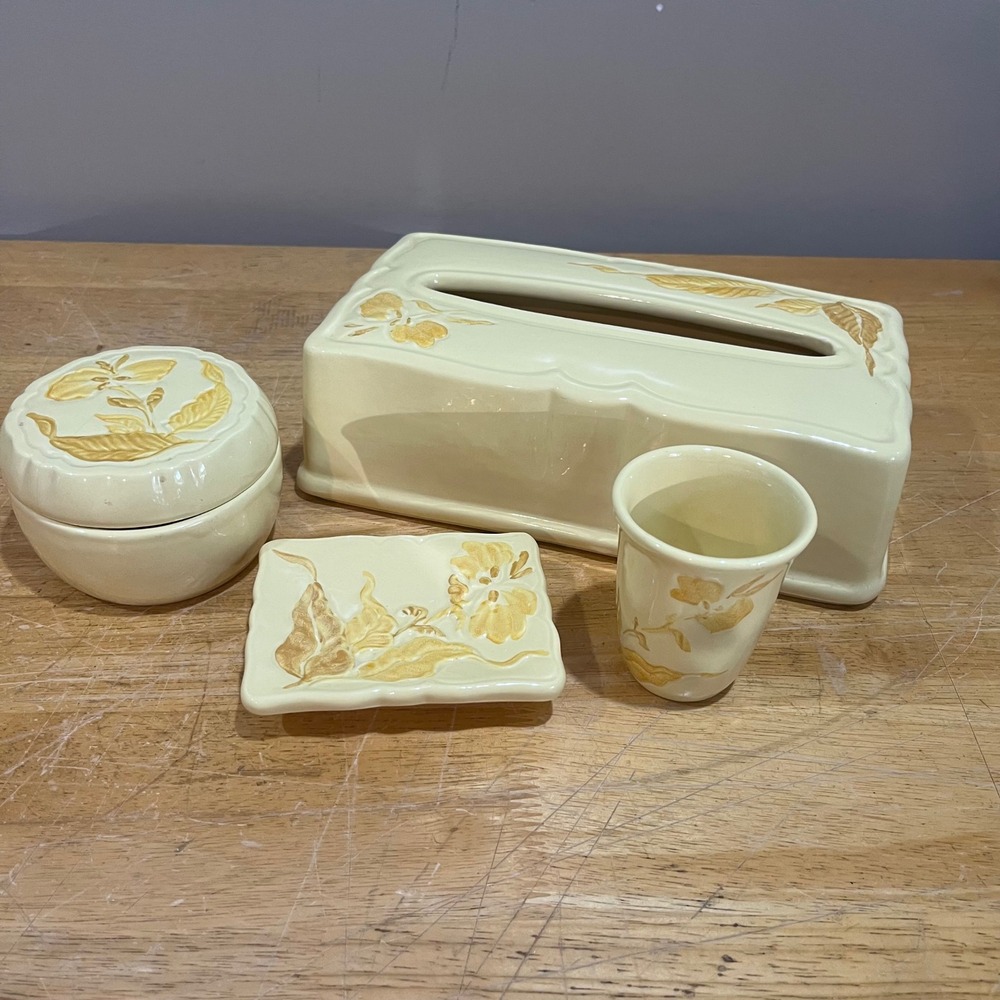 Vtg Haeger USA Ceramic Bathroom Set Yellow Floral Tissue Box Soap Dish 4pc MCM